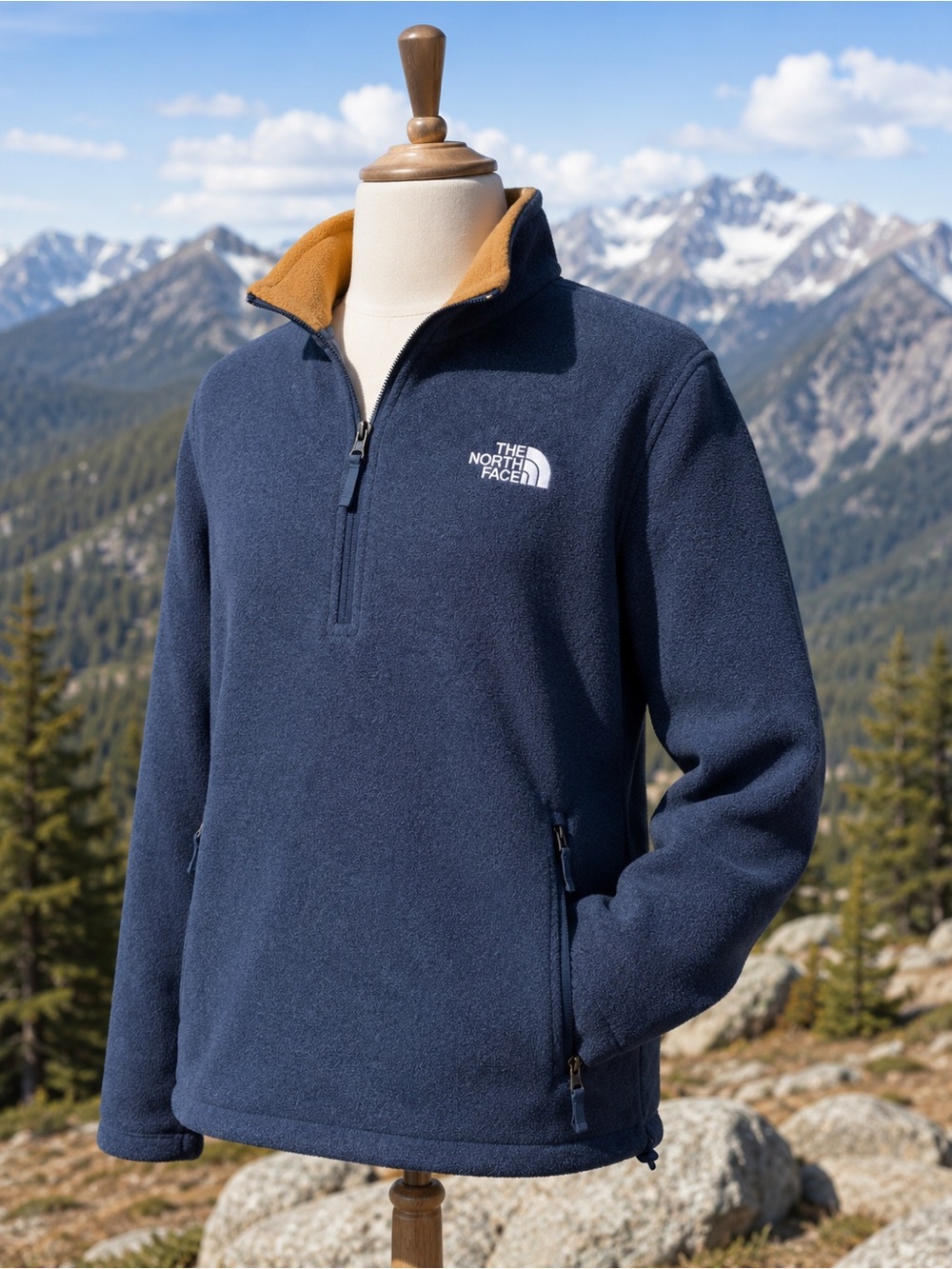 The North Face Navy & Tan Fleece Pullover – 2 Side Zipper Pockets Large